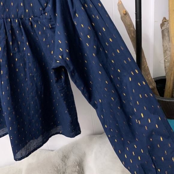 Emerson Fry India Collection Emmaline Top Blue Gold Metallic Blouse Maritime Dot - Picture 13 of 16